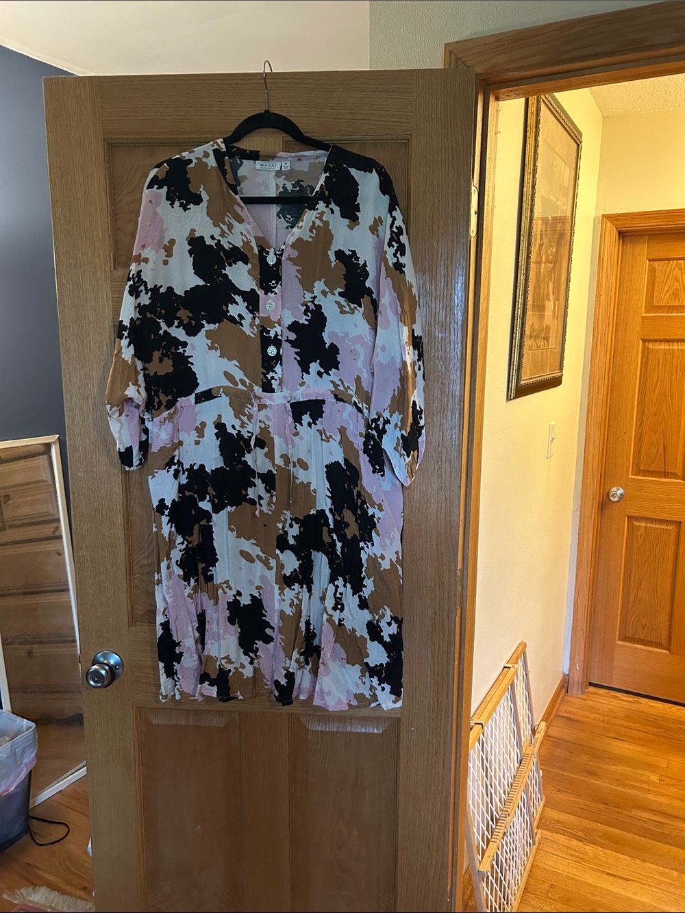 Abstract Print V-Neck Midi Dress in Pink, Black & Tan